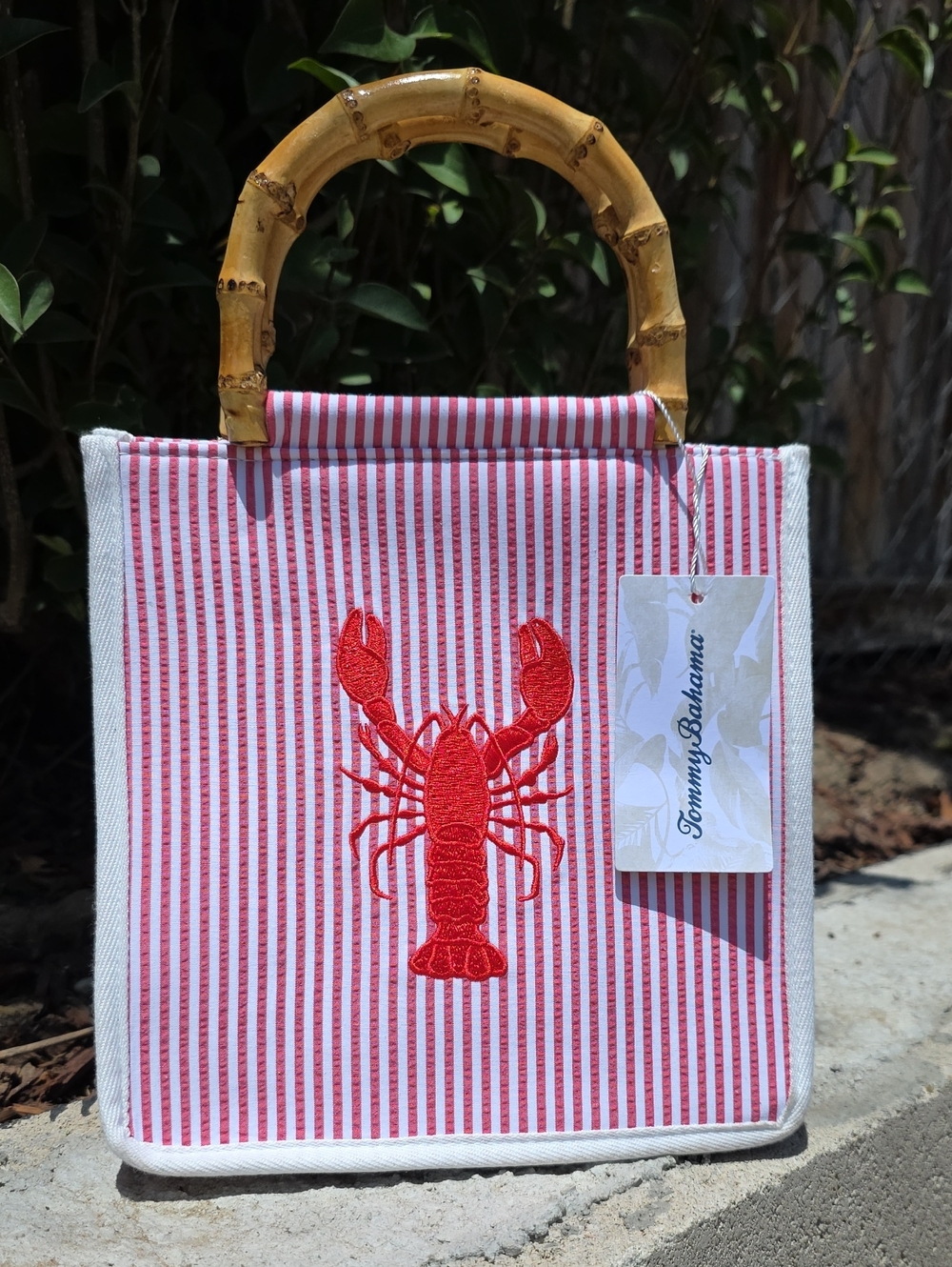 Tommy Bahama Red & White Striped Tote with Lobster Motif and Bamboo Handles